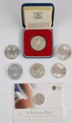 Three Canadian 1oz silver Maple Leaf coins, 1986 Chinese panda coin, cased 1977 proof silver