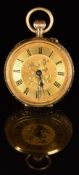 Unnamed 14ct gold keyless winding open faced pocket watch with blued hands, black Roman numerals,