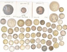 Georgian and later pre 1947 British silver coins including George II 1743 shilling, William IV