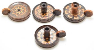 Sewing, needlework and embroidery interest three Tunbridge ware chamber sticks, diameter 5cm