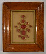 19thC framed set of Grand Tour or similar seals, in period birds eye maple frame, overall size 30