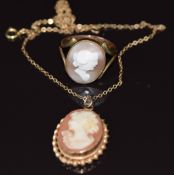A 9ct gold ring set with a cameo and a 9ct gold pendant set with a cameo, on 9ct gold chain, 7.1g