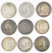 Nine Victorian silver coins comprising four Jubilee crowns 1889 to 1891, three veiled examples