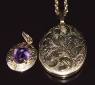 A 9ct gold locket with chased foliate decoration, on 9ct gold chain and 9ct gold pendant set with an