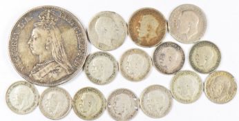 1892 Queen Victoria jubilee head crown together with a quantity of various silver threepences etc