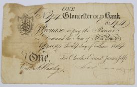 Gloucester Old Bank 1814 provincial Georgian one pound banknote, serial number 194, for Charles