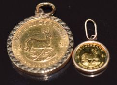 A 9ct gold pendant set with a 1981 1/10 Krugerrand (4g) and a miniature Krugerrand (0.4g)