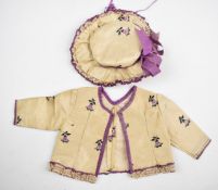 19thC Chinese style embroidered silk jacket and matching hat with lace trim, for a small baby or