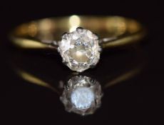 An 18ct gold ring set with an old cut diamond of approximately 0.6ct, 2g, size O