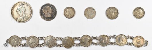 Queen Victoria Maundy fourpence 1858 young head together with Jubilee head 1889 florin, George III