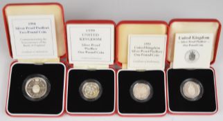 Four Royal Mint silver proof piedfort coins comprising a 1988, 1993 and 1999 £1 and a 1994 £2, all