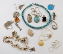 Fifteen silver necklaces / pendants including amber, turquoise, etc