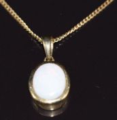 A 9ct gold pendant set with a white opal, on 9ct gold chain, 3.2g