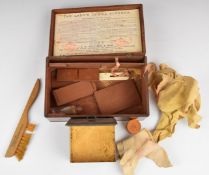 Vintage mahogany box and contents with label to the lid 'The Ladies' Jewel Cleaner' 10s 6d by J R