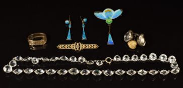 A silver brooch set with enamel, silver earrings set with enamel, Art Deco necklace, silver gilt