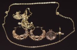 A pair of 9ct gold earrings, 9ct gold St Christopher, two 9ct gold chains, 9ct gold cross and