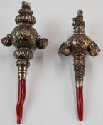 Two hallmarked silver coral handled baby's rattles, Birmingham 1886, maker Colen Hewer Cheshire,