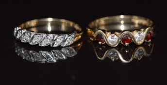 A 9ct gold ring set with garnets and cubic zirconia and 9ct gold ring set with diamonds, 3.4g,