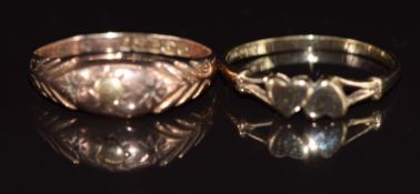 Two 9ct gold rings, one in the form of two hearts, 2.6g, size N & L