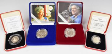 Four Royal Mint silver proof coins comprising a 1995 WW2 piedfort £2, a 1997 piedfort 50p, a