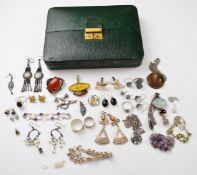 A collection of silver jewellery including amethyst bracelet, six rings, pendants, cufflinks, etc