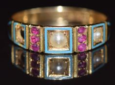 Victorian / Edwardian 18ct gold ring set with aqua enamel, rubies and split pearls, maker RN, 2.
