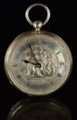 White metal open faced pocket watch with blued hands, black Roman numerals, embossed religious scene