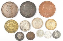 Collectible Victorian coinage and tokens including 1848 one penny with some original patination,