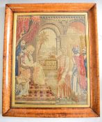 A 19thC tapestry depicting a king with subjects, in period birds eye maple frame 44 x 35cm