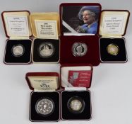 Six Royal Mint silver proof coins comprising a 1989 Pitcairn Islands $1, a 1996 Football £2, a Queen