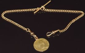 An 18ct gold Albert / watch chain with T-bar (21.1g) and mounted 1787 guinea (8.5g), 29cm