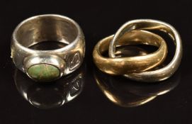 A silver ring with feature hallmarks and set with turquoise and a double silver bi-coloured ring,