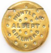 Victorian Huntley & Palmers novelty brass vesta case impressed 'Albert', marked verso made in
