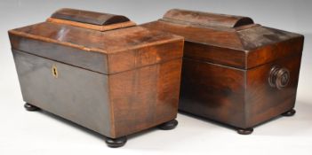 Two rosewood three division tea caddies, one raised on four turned feet and with turned handles,
