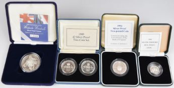 Five Royal Mint silver proof coins comprising a 1990 5p piedfort, a 1994 £2, a 2004 'Entente