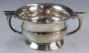 George V hallmarked silver twin handled porringer, Birmingham 1925, maker's mark rubbed, width 15cm,