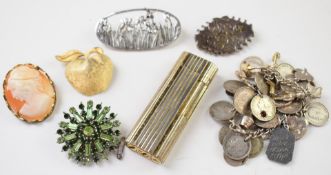 Victorian hallmarked silver brooch (Birmingham 1885), silver charm bracelet, cameo, costume