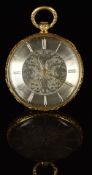 An 18ct gold open faced pocket watch with gold Breguet hands, engraved Roman numerals, engraved