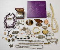 A collection of jewellery including Victorian agate, cameo and Art Deco brooches, silver including
