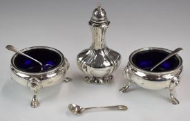 Pair of Georgian style hallmarked silver hoof footed open salts with blue glass liners, London 1973,