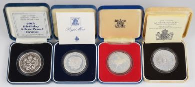 Four Royal Mint silver proof Royal commemorative crowns comprising 1977 Silver Jubilee, 1980 Queen