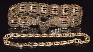 A 9ct gold gate bracelet with 9ct gold heart padlock clasp and a 9ct gold bi-coloured bracelet, 13.