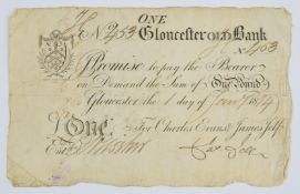 Gloucester Old Bank 1814 provincial Georgian one pound banknote, serial number 453, for Charles