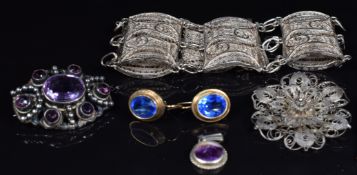 A pair of 14k gold earrings set with paste (3.3g), silver brooch, filigree silver bracelet and