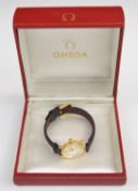 Omega De Ville ladies wristwatch with two-tone hands and hour markers, silver dial, gold plated case