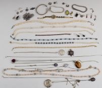 Thirteen silver pendants, silver brooch, silver bangle, six pairs of silver earrings, seven pearl