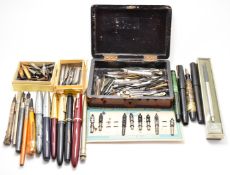 Large collection of fountain pens, pencils, vintage pen nibs including Joseph Gillott and Sons