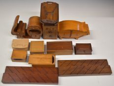 A collection of miniature treen apprentice pieces and novelty / miniature boxes including an oak
