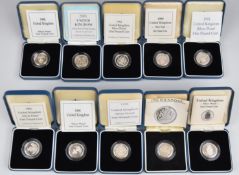 Ten Royal Mint silver proof £1 coins including 1983, 1988, 1990-1993, 1998 and 2001, all cased