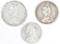 1889 Queen Victoria Jubilee head crown, 1889 double florin and 1887 half crown, various grades